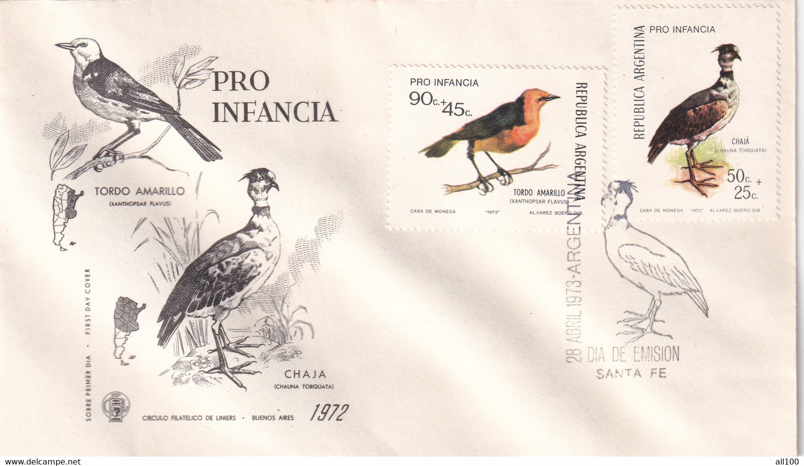 A21878 - FDC Pro Infancia Tordo Amarillo Chaja Cover Envelope Unused 1973 Stamp Republica Argentina Birds Dia De Emision - Pájaros Cantores (Passeri)