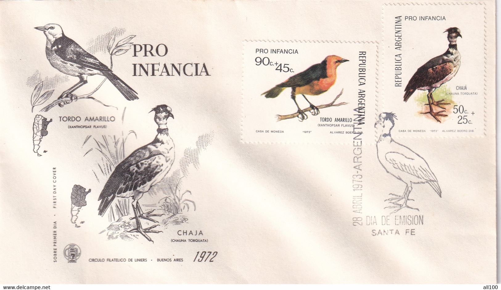 A21878 - FDC Pro Infancia Tordo Amarillo Chaja Cover Envelope Unused 1973 Stamp Republica Argentina Birds Dia De Emision - Passereaux