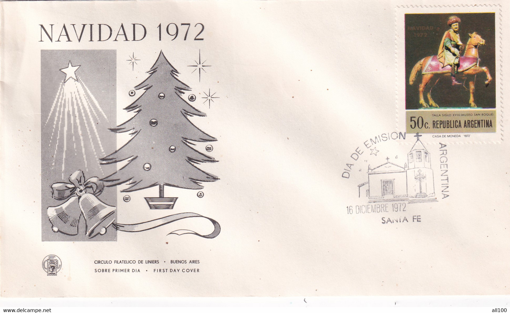 A21881 - FDC Navidad Christmas Cover Envelope Unused 1972 Stamp Republica Argentina Talla Siglo Museo San Roquei Horse - Covers & Documents
