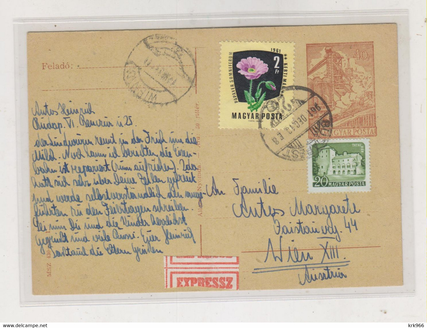 HUNGARY.1961 BUDAPEST Priority Postal Stationery To Austria - Briefe U. Dokumente