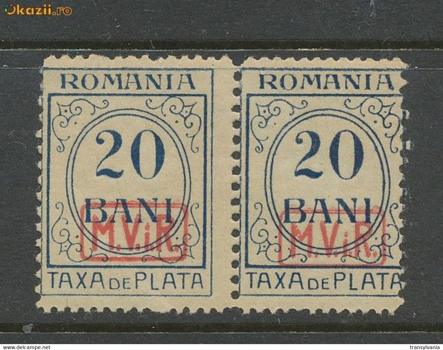 Romania WW1 Germany Occupation Postage Due 20 Bani Stamp Error Pair MNH, One Stamp Much Smaller Size - Port Dû (Taxe)