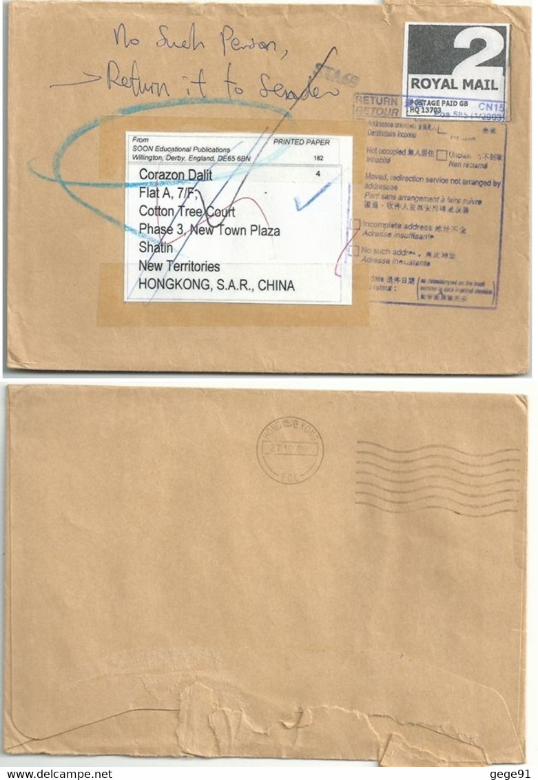 Port Payé : Lettre En Retour De Hong-Kong - Cartas & Documentos