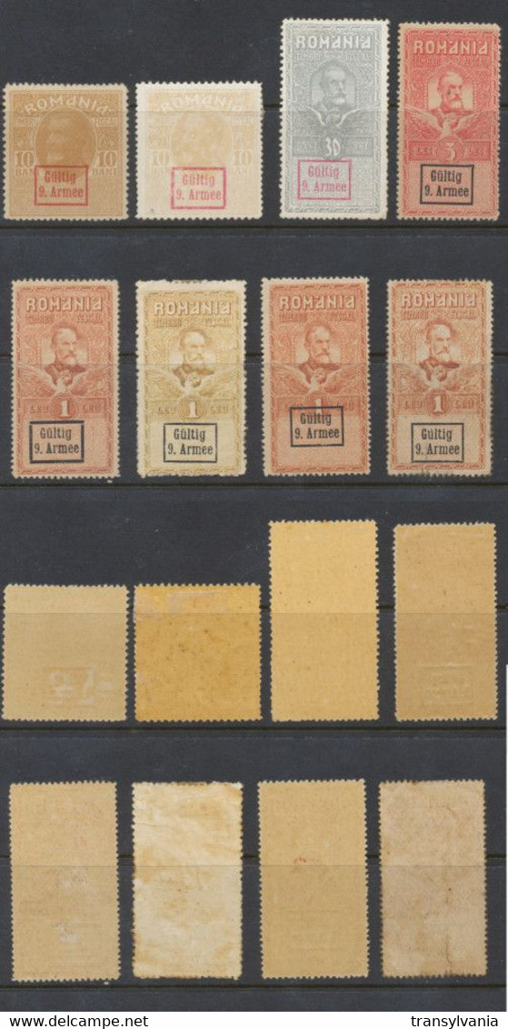 Romania 1917 WW1 Germany Occupation 9th Army Boxed Overprint Lot Of 8 Stamps Including Rare Varieties - Variétés Et Curiosités