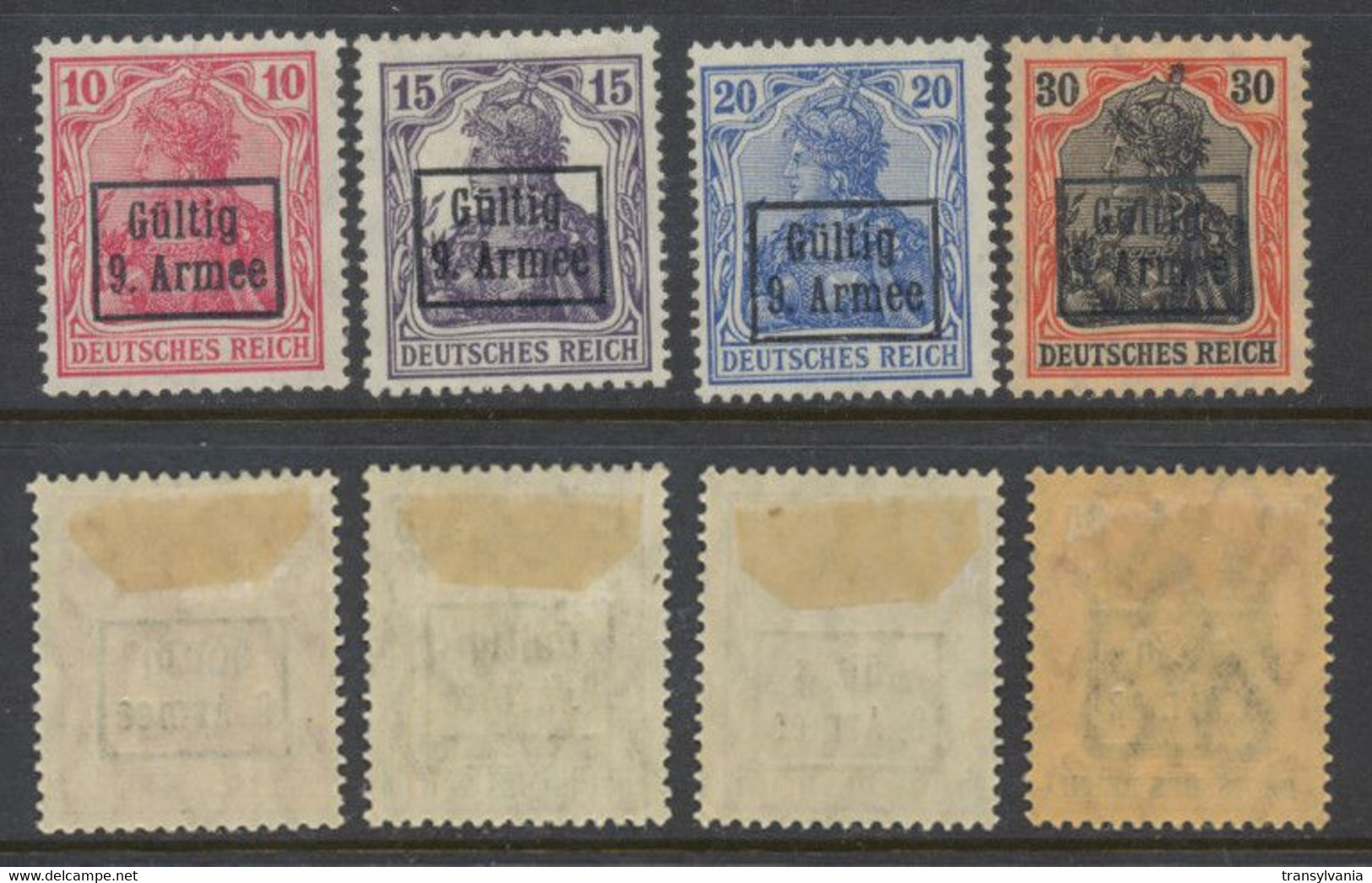 Romania WW1 Germany Occupation Set Of 4 Stamps With 9th Army Overprint MLH - Ocupaciones