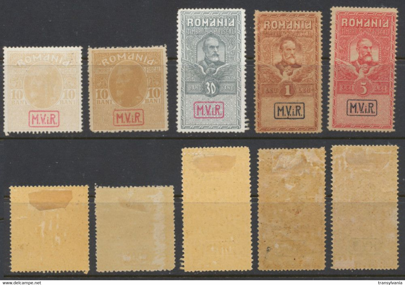 Romania WW1 Germany Occupation Set Of 4 Postage & Revenue Stamps MViR Overprint Plus Stamp On War Paper Variety - Foreign Occupations