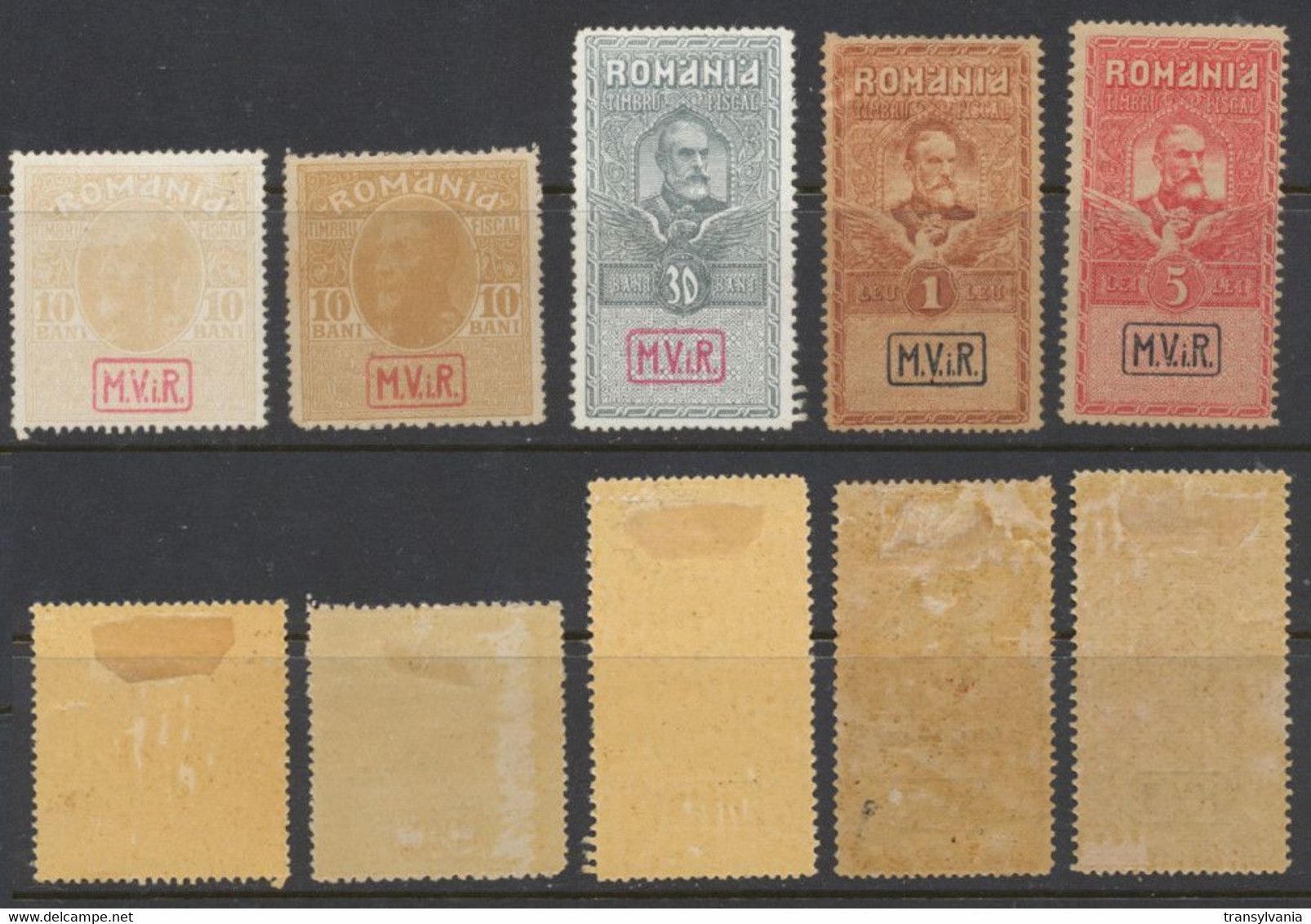 Romania WW1 Germany Occupation Set Of 4 Postage & Revenue Stamps MViR Overprint Plus Stamp On War Paper Variety - Occupations