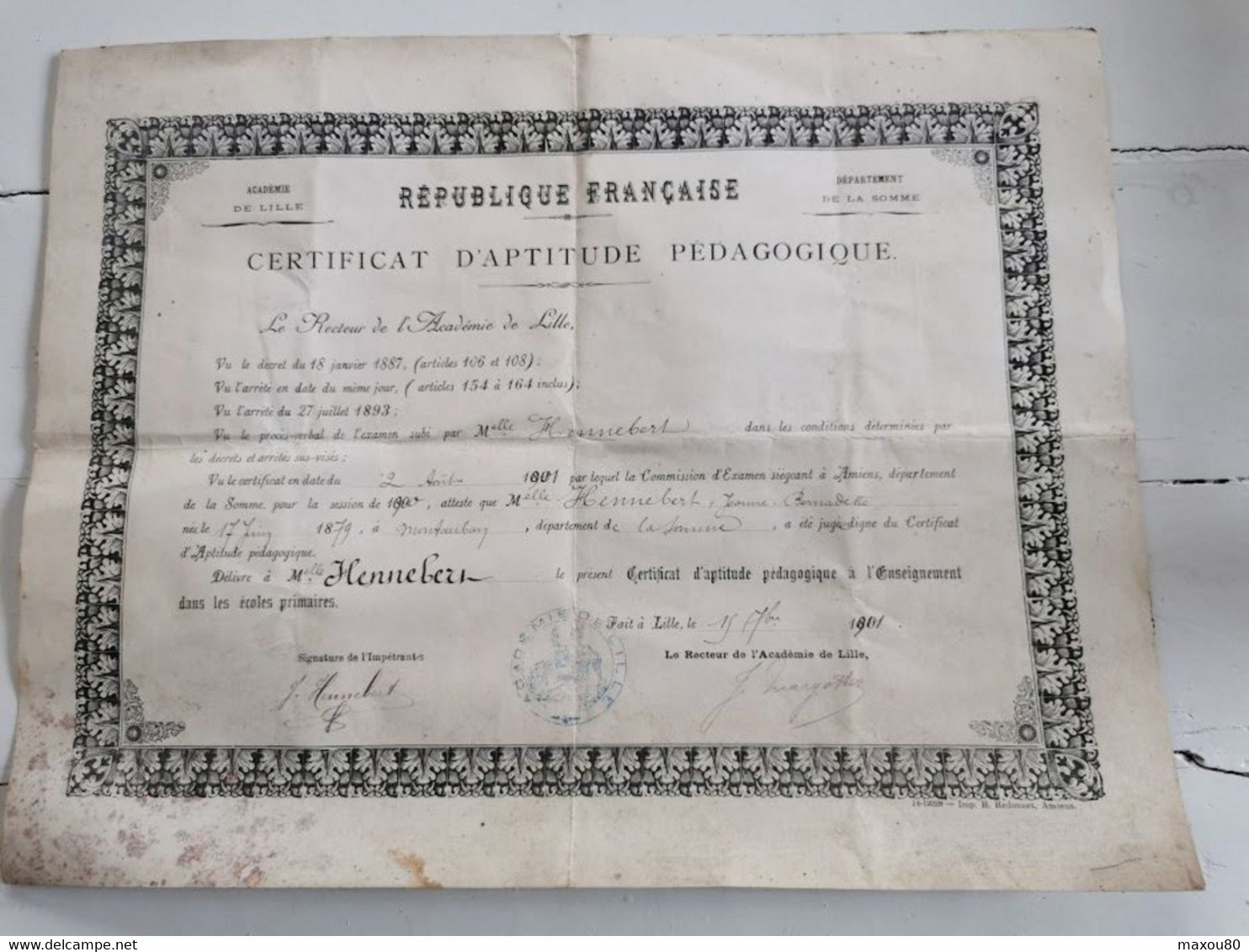 CERTIFICAT D'APTITUDE PEDAGOGIQUE De 1901, Académie De Lille - Diplômes & Bulletins Scolaires