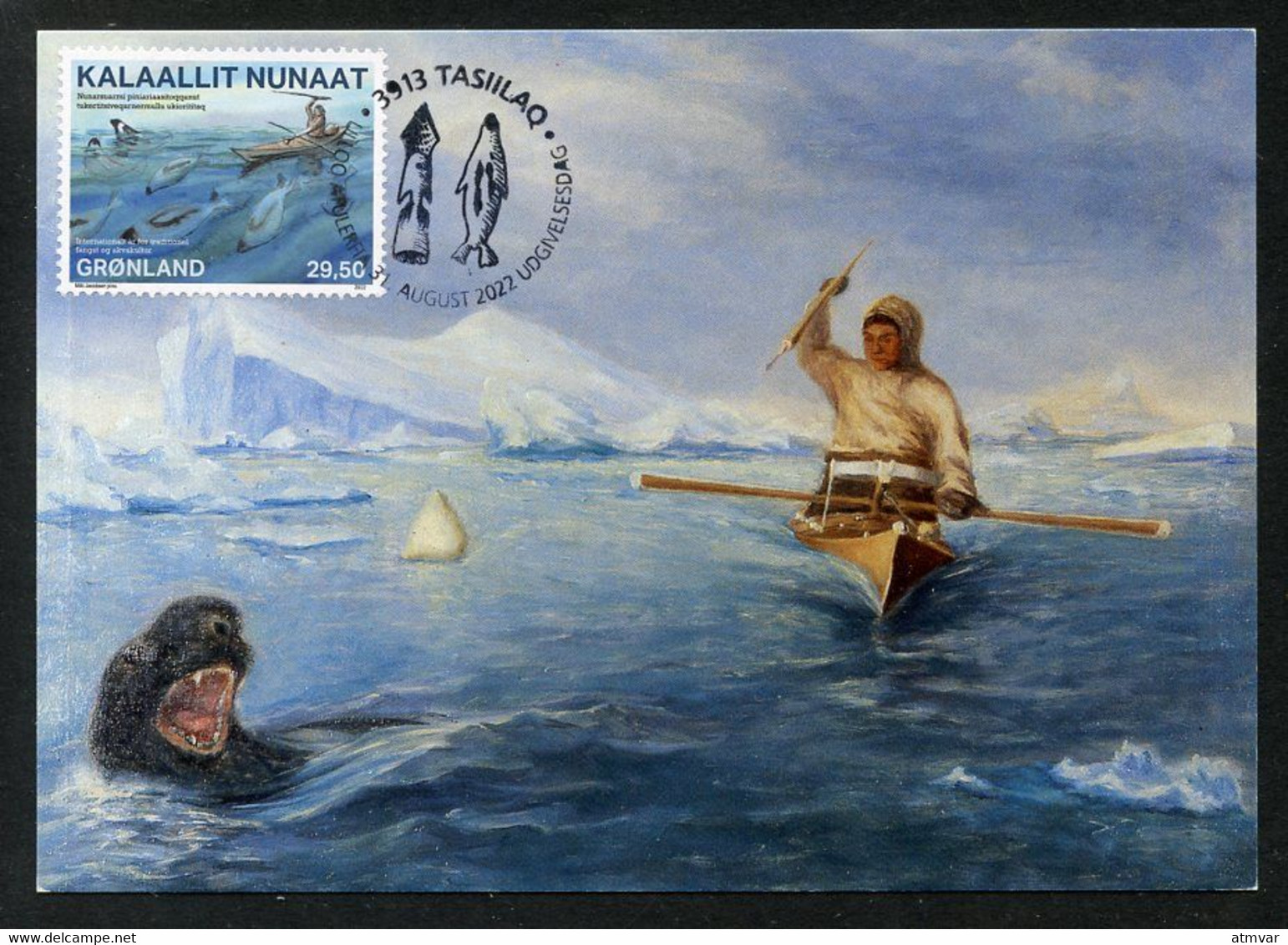 GREENLAND (2022) Carte Maximum Card - UN Year Artisanal Fisheries And Aquaculture, Chasse Phoques, Seal Hunting, Kayak - Cartes-Maximum (CM)