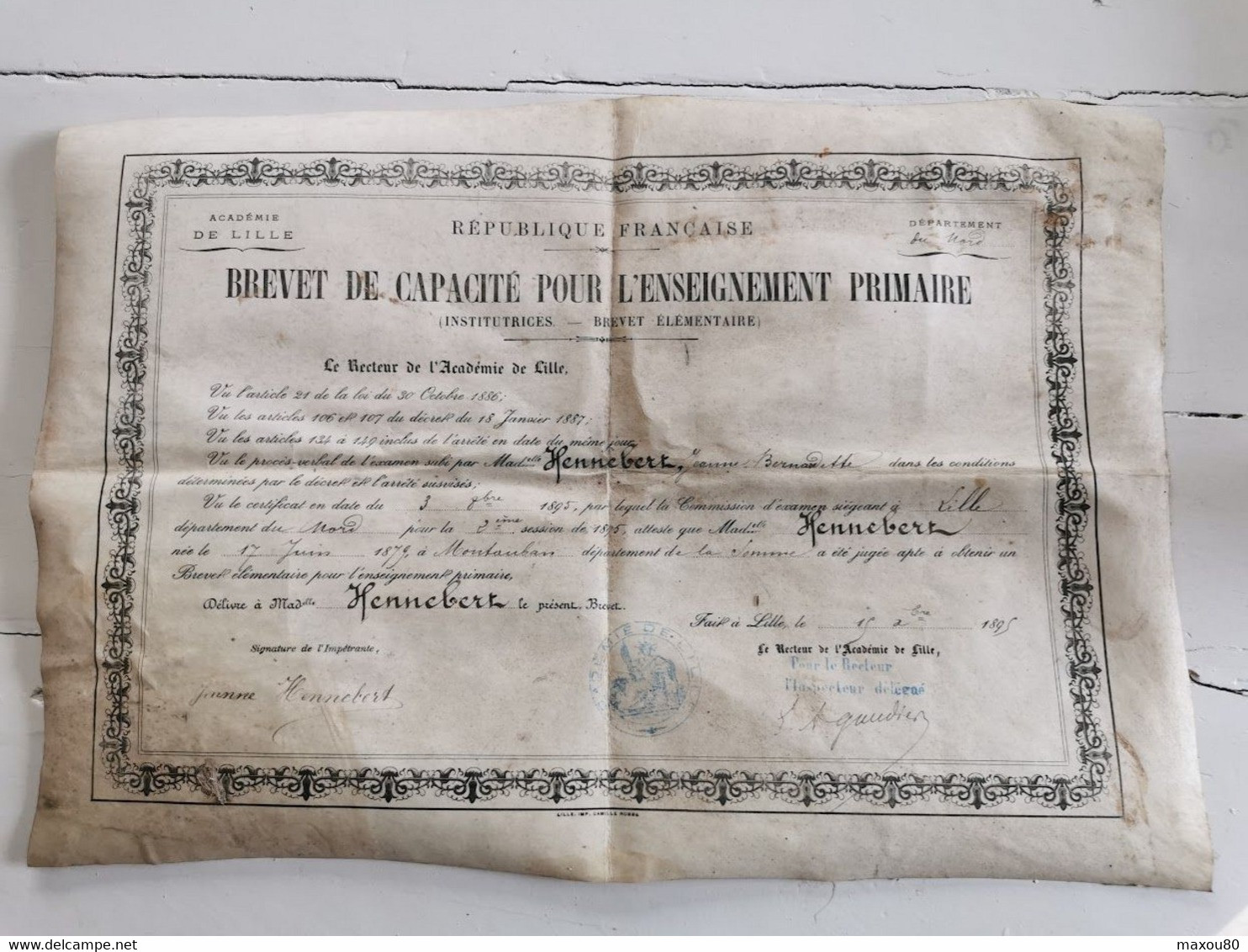 BREVET DE CAPACITE POUR L'ENSEIGNEMENT PRIMAIRE De 1895, Académie De Lille - Diplômes & Bulletins Scolaires