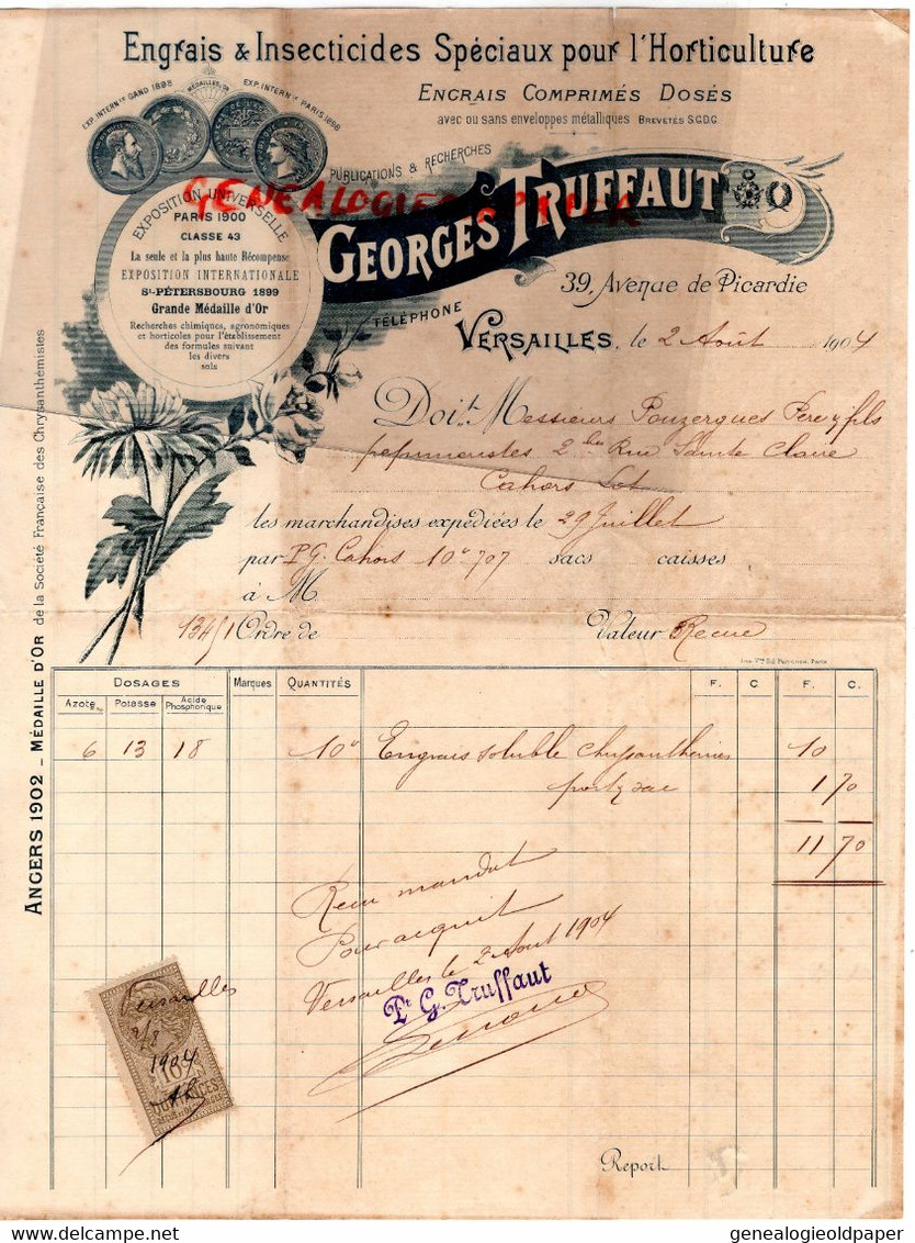 78- VERSAILLES- FACTURE GEORGES TRUFFAUT-ENGRAIS HORTICULTURE-A M. POUZERGUES PEPINIERISTE CAHORS- 1904 - Agriculture