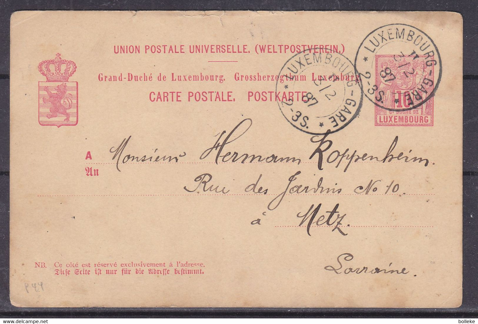 Luxembourg - Carte Postale De 1887 - Entier Postal - Oblit Luxembourg - Exp Vers Metz - - 1882 Allegorie