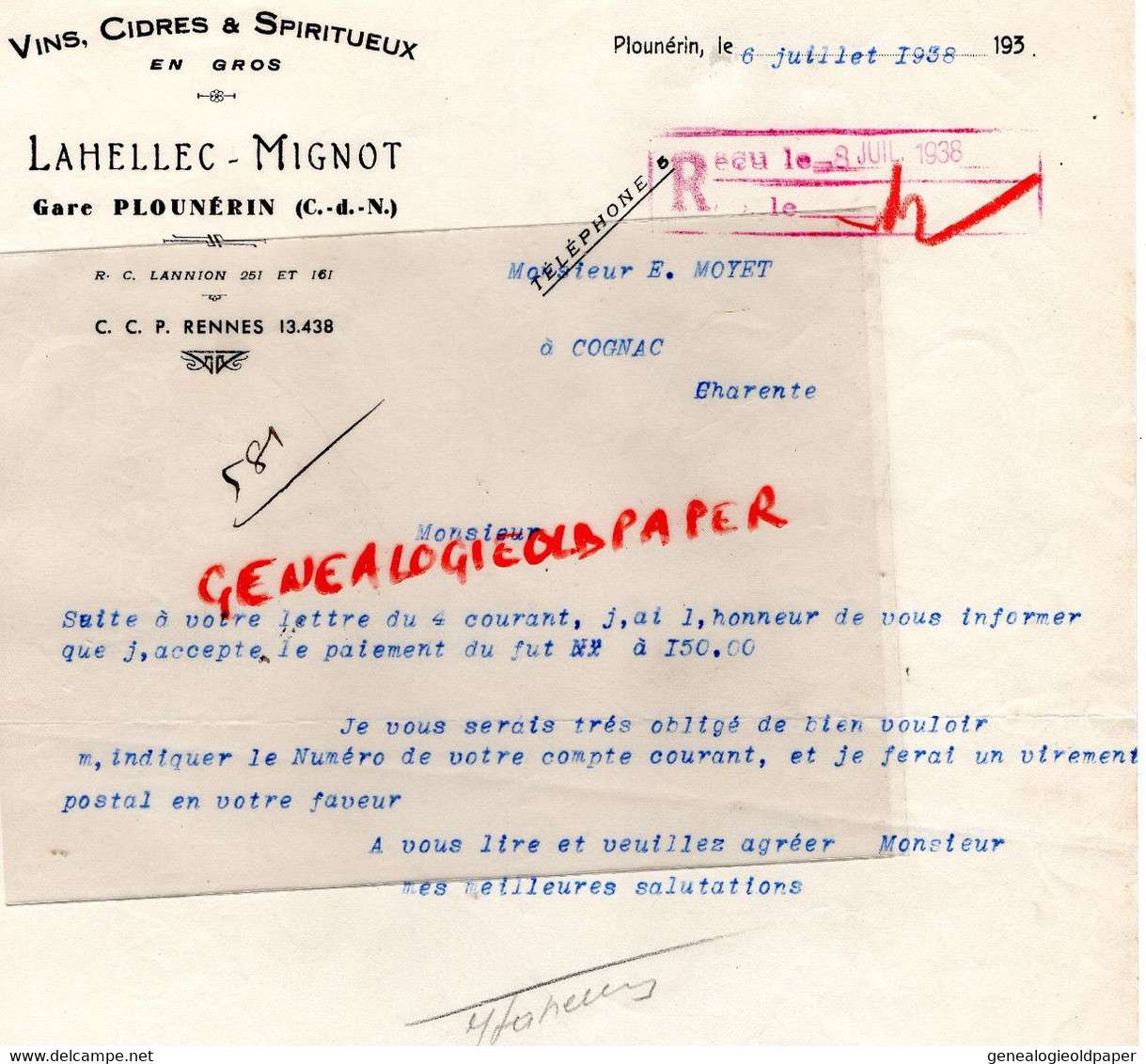 22- PLOUNERIN-GARE- RARE LETTRE LAHELLEC MIGNOT- VINS CIDRES SPIRITUEUX- A M. E. MOYET COGNAC  1938 - Lebensmittel