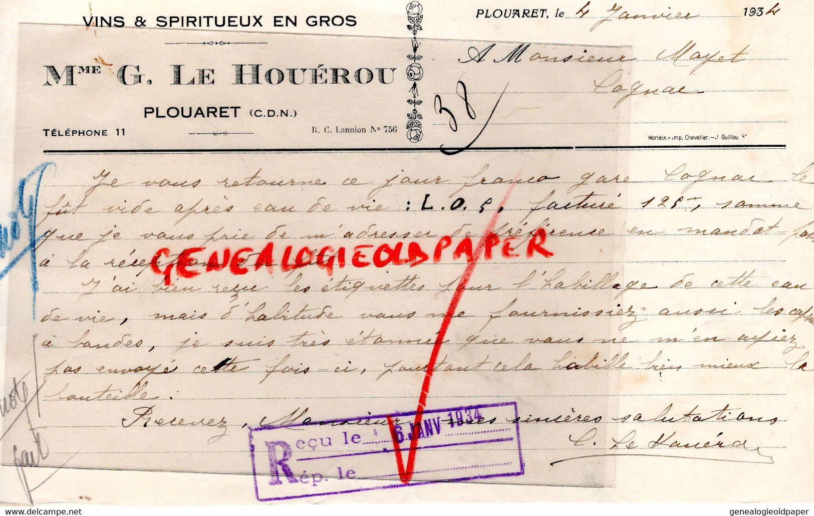 22- PLOUARET- RARE LETTRE MANUSCRITE MME G. LE HOUEROU-VINS SPIRITUEUX- 1934 A M. MAYET COGNAC - Lebensmittel
