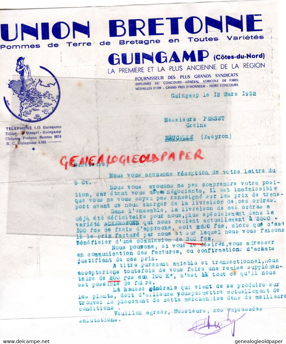 22- GUINGAMP- RARE LETTRE UNION BRETONNE POMMES DE TERRE BRETAGNE-A M. PERSET GRAINS NAUCELLE AVEYRON-1952 - Lebensmittel