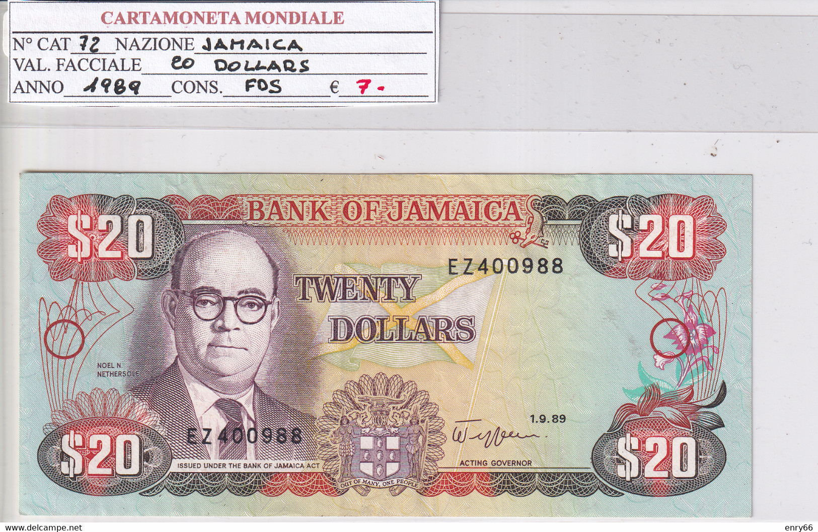 GIAMAICA 20 DOLLARS 1989 P72 - Jamaique