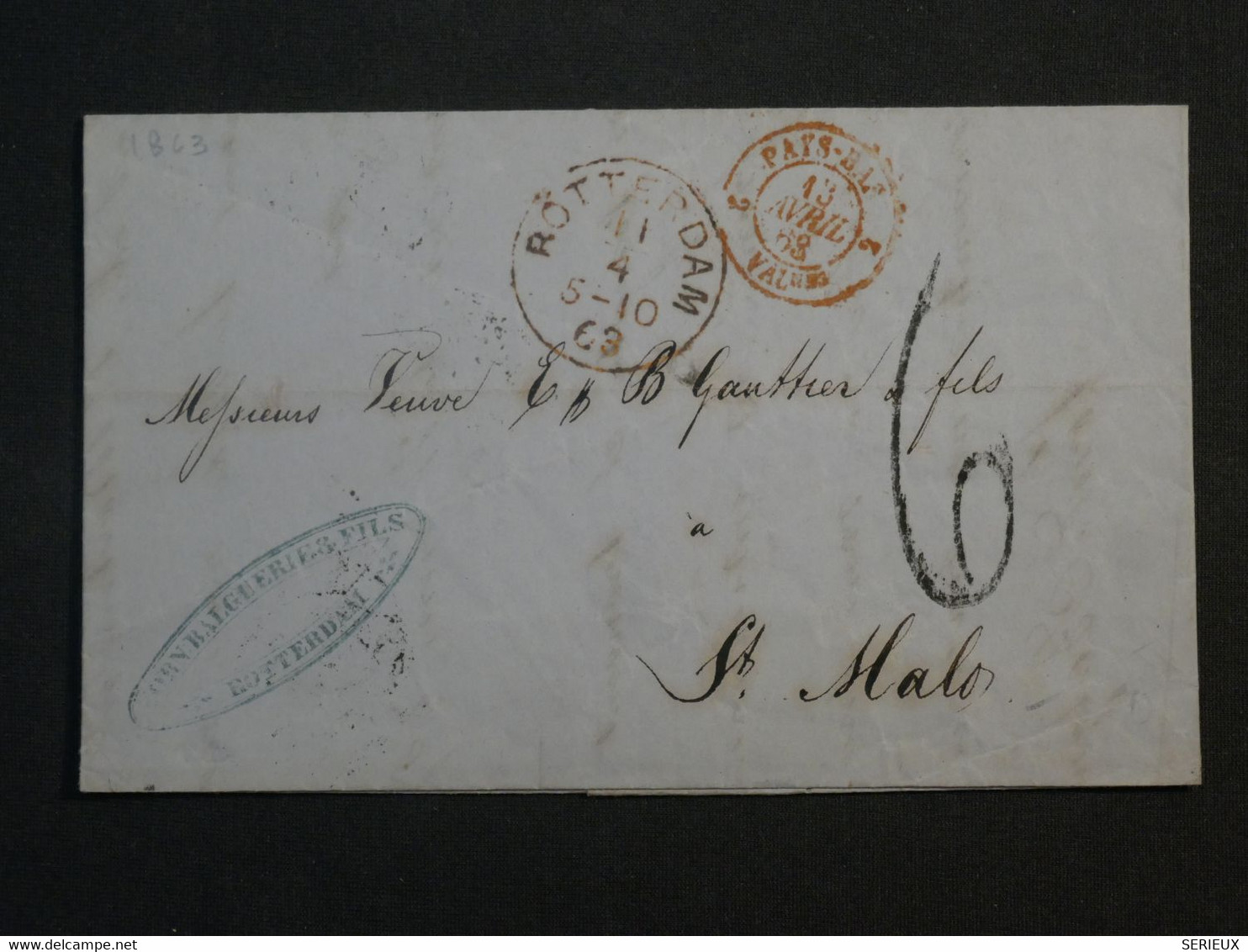 V 30  PAYS BAS BELLE LETTRE 1868 ROTTERDAM  A  ST MALO FRANCE   +CACHET ROUGE +++AFFRANCH. INTERESSANT ++ - Marcophilie