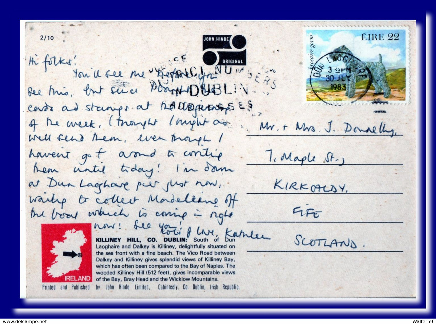 1983 Ireland Eire Postcard Killiney Hill Posted Dun Laoghaire To Scotland 2scans - Covers & Documents