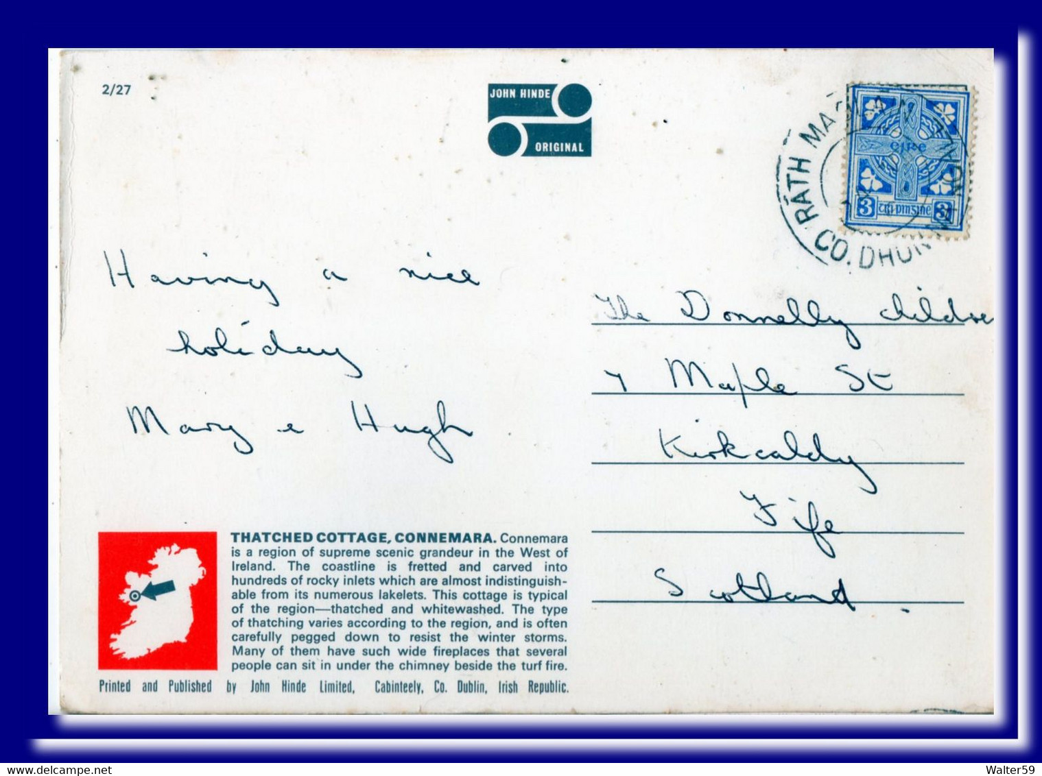1965 ? Ireland Eire Postcard Tratched Cottage Connemara Posted Rath Maolain  To Scotland 2scans - Brieven En Documenten