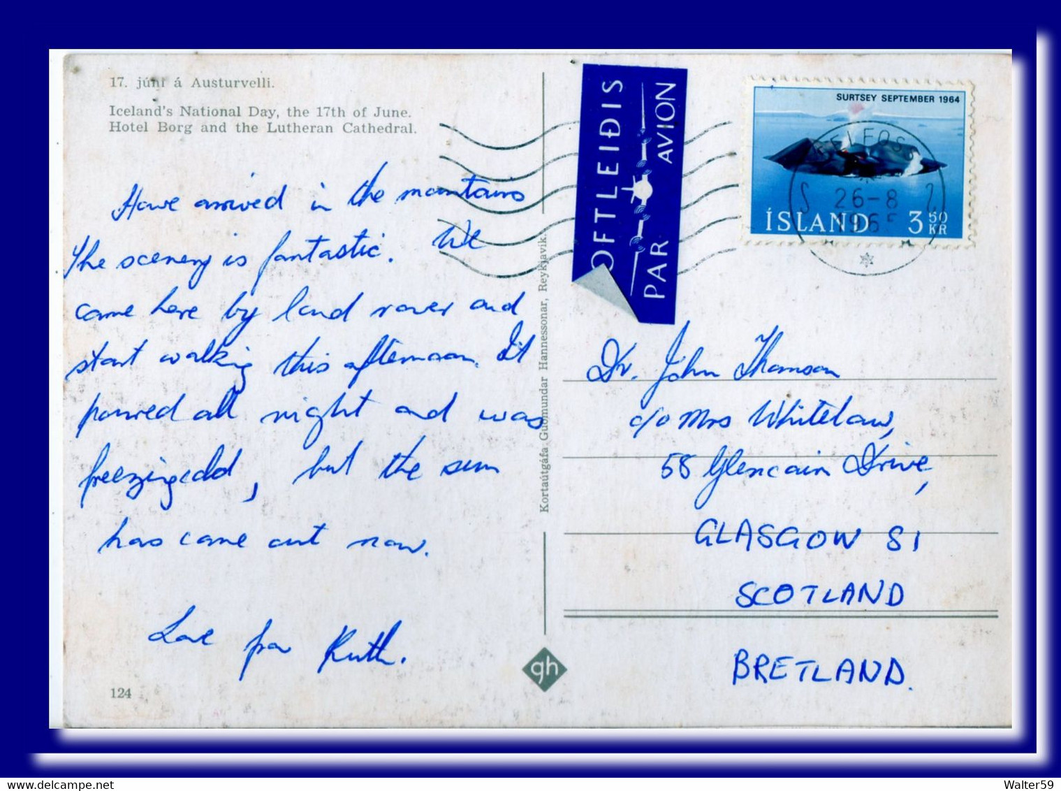 1965 Iceland Postcard National Day In Austurvelli Posted Selfoss To Scotland 2scans - Briefe U. Dokumente