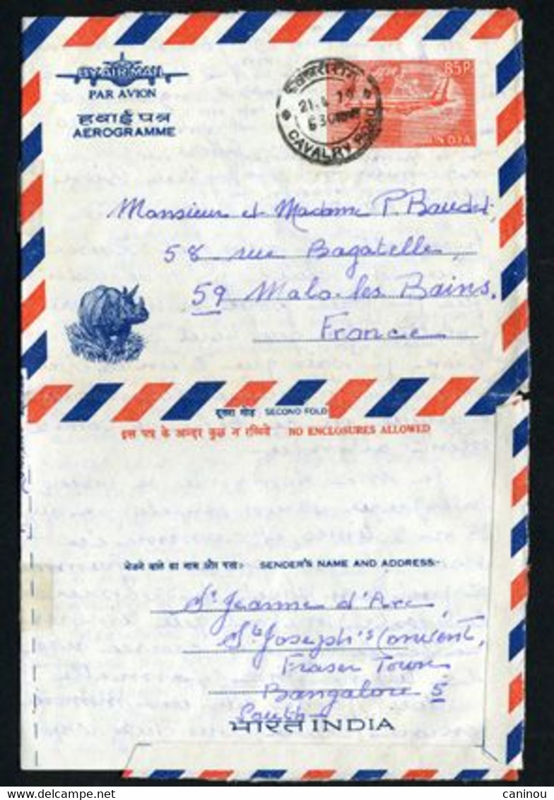 INDE AEROGRAMME AFFRANCHISSEMENT 85P RHINOCEROS 1970 - Airmail