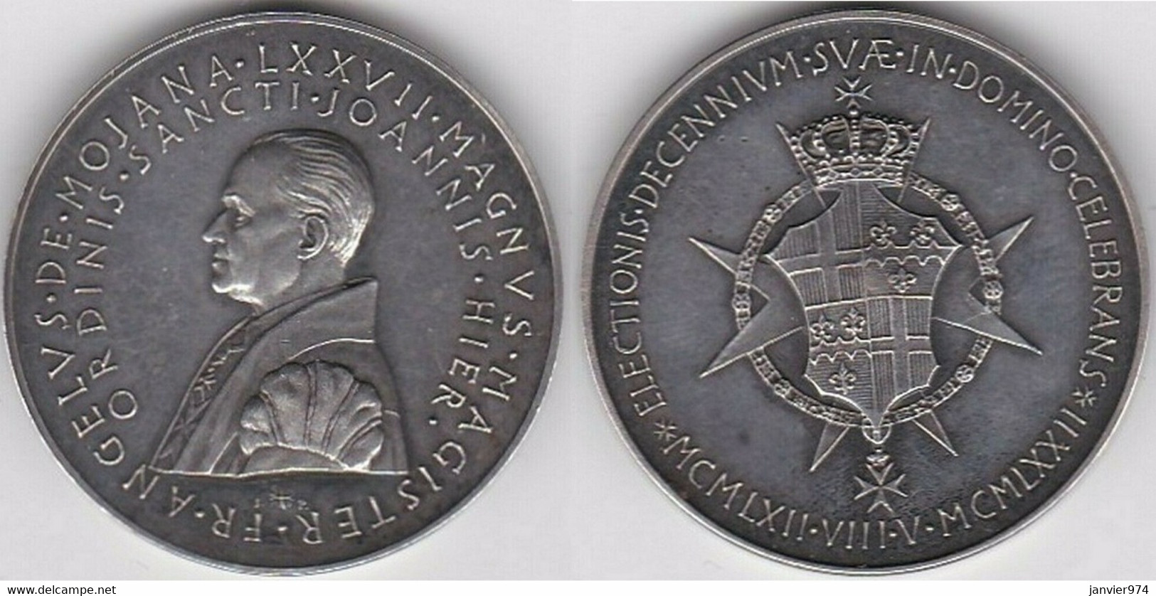 Médaille Argent Angelo De Mojana Di Cologna,  Grand Maître Ordre De Malte , 10 éme Anniversaire 1972 - Monarquía/ Nobleza