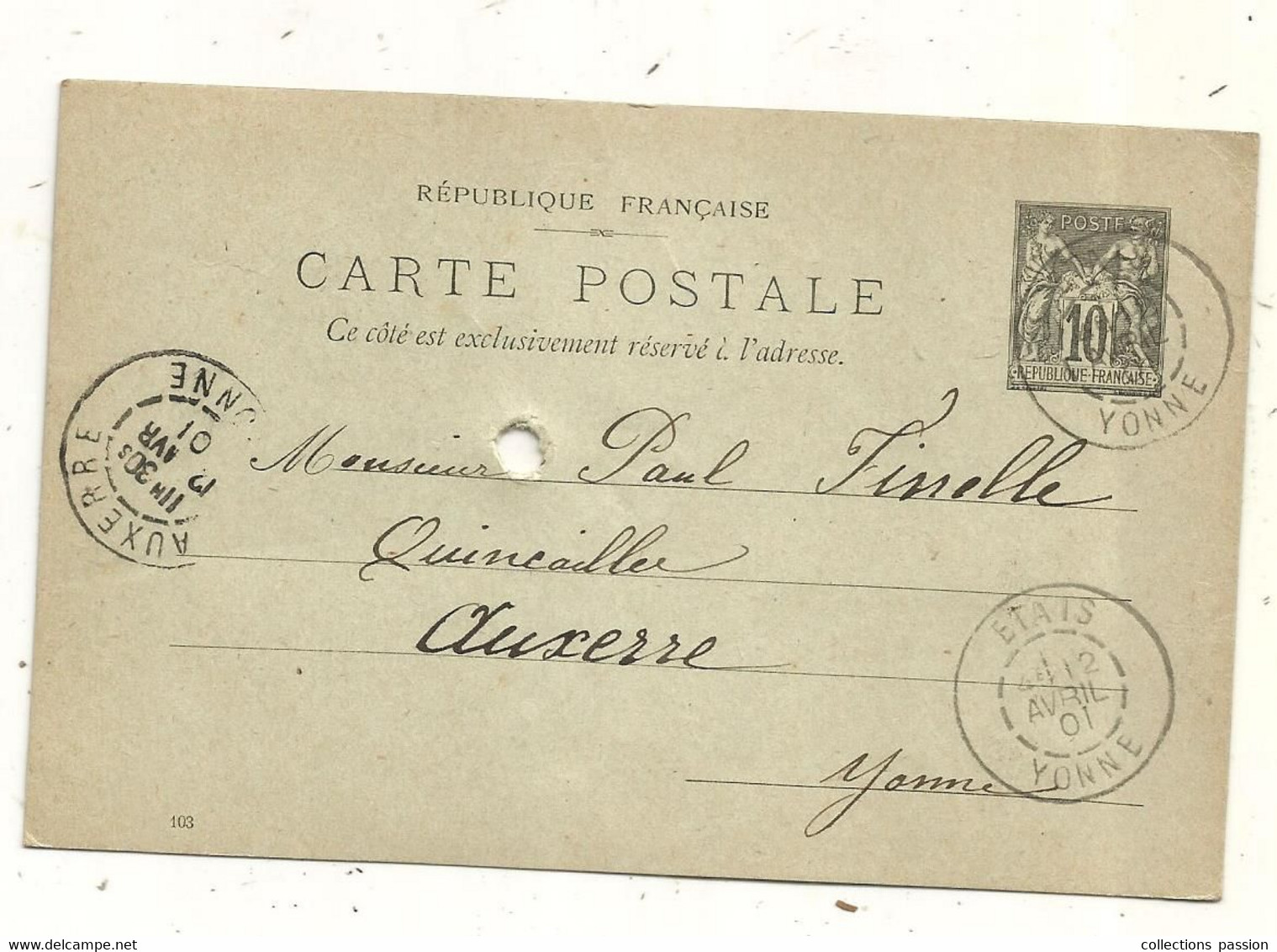 Entier Postal Sur Carte Postale, ETAIS, AUXERRE,YONNE 1901, 2 Scans - Standard Postcards & Stamped On Demand (before 1995)