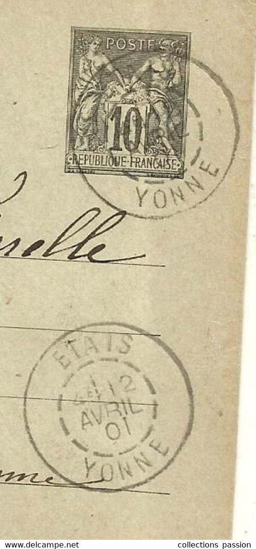 Entier Postal Sur Carte Postale, ETAIS, AUXERRE,YONNE 1901, 2 Scans - Standard Postcards & Stamped On Demand (before 1995)