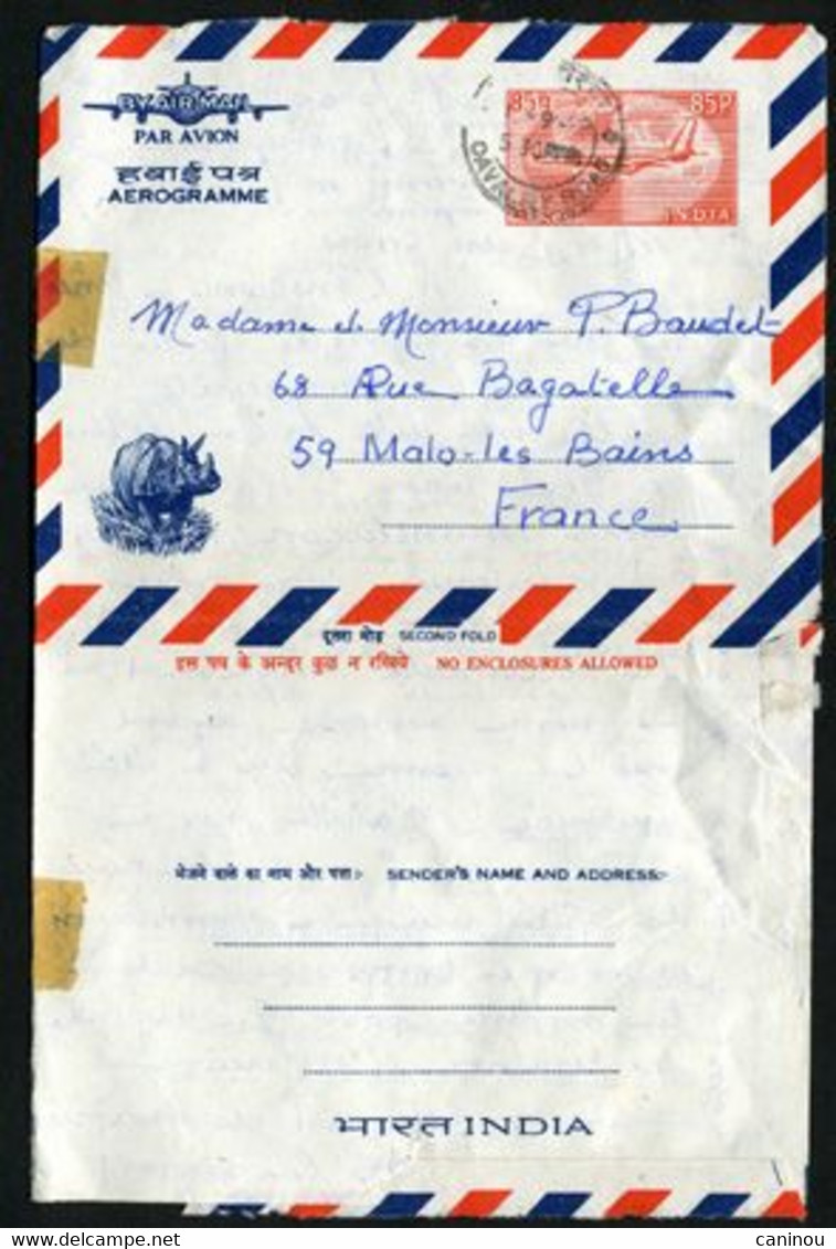 INDE AEROGRAMME AFFRANCHISSEMENT 85P RHINOCEROS 1969 - Airmail