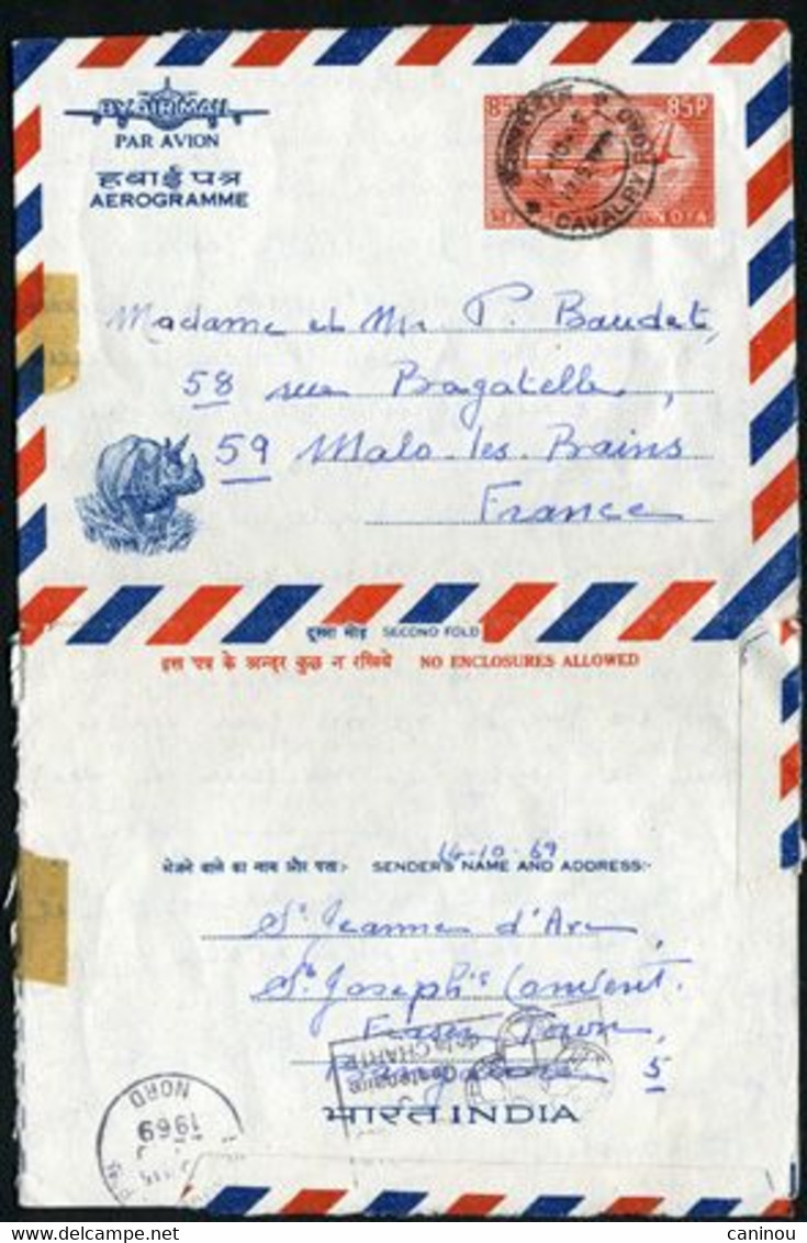 INDE AEROGRAMME AFFRANCHISSEMENT 85P RHINOCEROS 1969 - Airmail