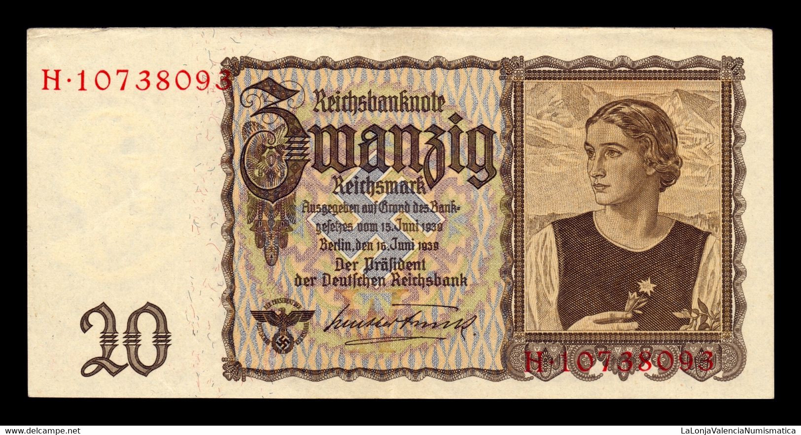 Alemania Germany 20 Reichsmark 1939 Pick 185 (1) MBC+/EBC VF+/XF - 20 Reichsmark