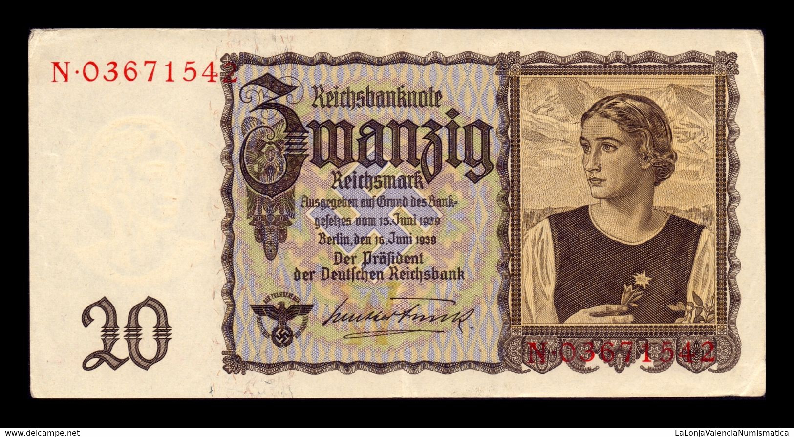 Alemania Germany 20 Reichsmark 1939 Pick 185 (1) MBC+/EBC VF+/XF - 20 Reichsmark