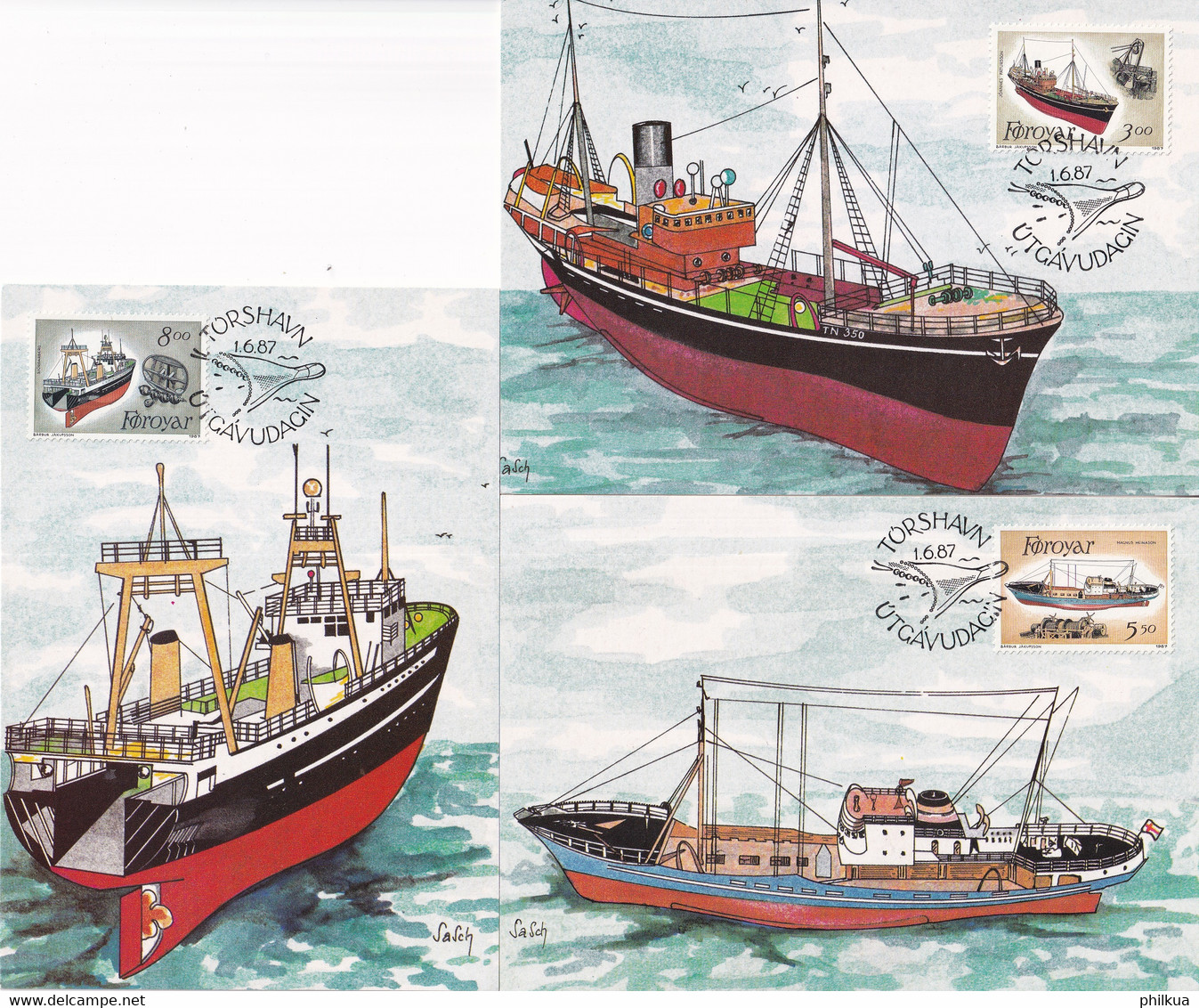MiNr. 151 - 153 Dänemark Färöer 1987, 1. Juni. Fischereischiffe - Maximumkartenserie - Färöer Inseln
