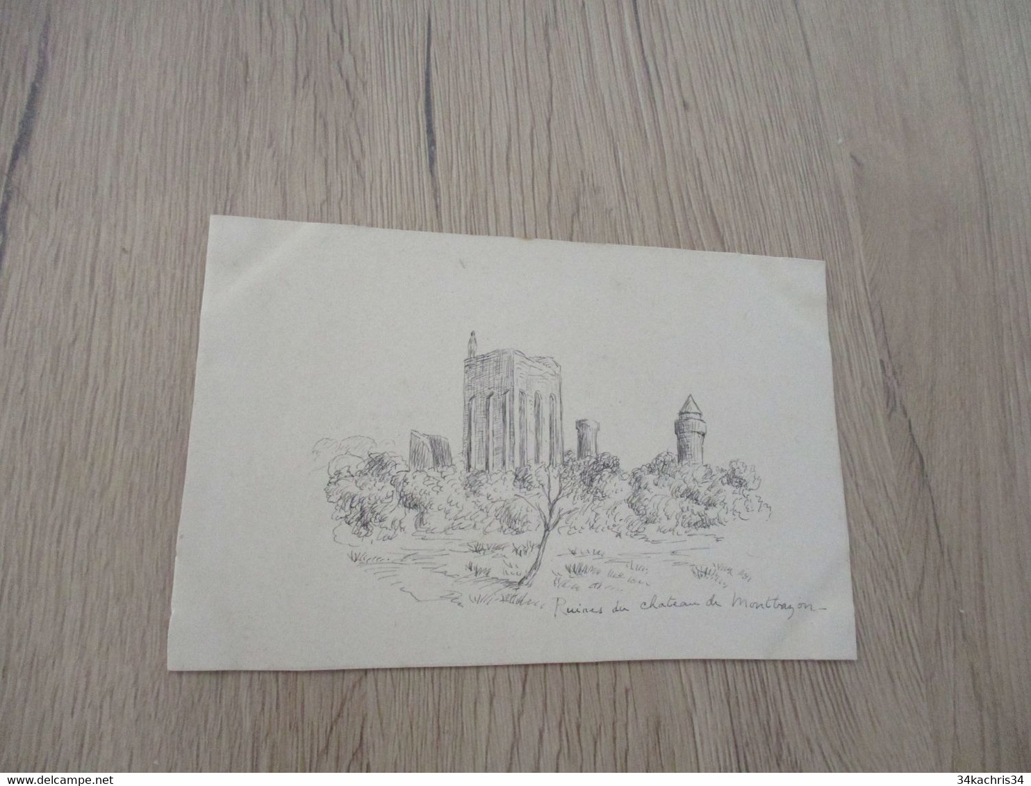 Dessin Original Non Signé Début XXè Sur Carton Format CPA Ruines Du Château De Monthazon - Dibujos