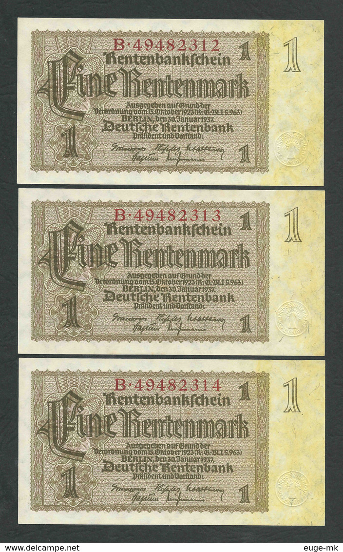 GERMANY 1 Mark, Marks A UNC /q FDS 3 Consecutive RENTENMARK 30-01-1937 Rare !!! - 1 Rentenmark