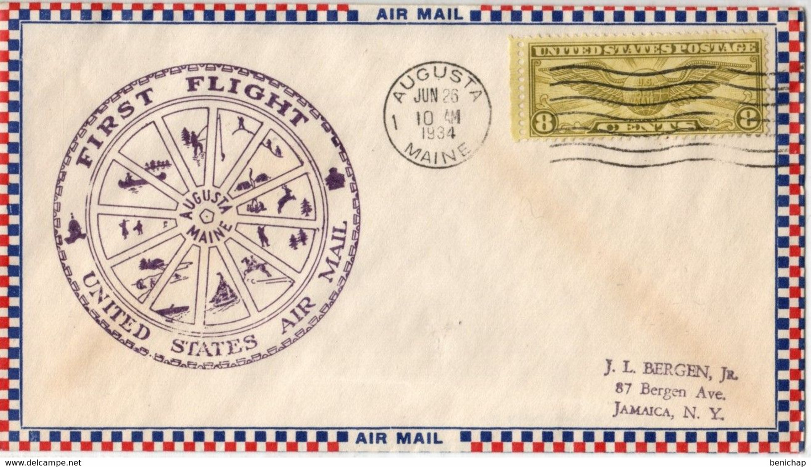 (R01) Scott C17 - 8 Cts Winged Globe - Augusta - Maine - New York - 1934 - First Flight - United States Air Mail. - 1c. 1918-1940 Lettres