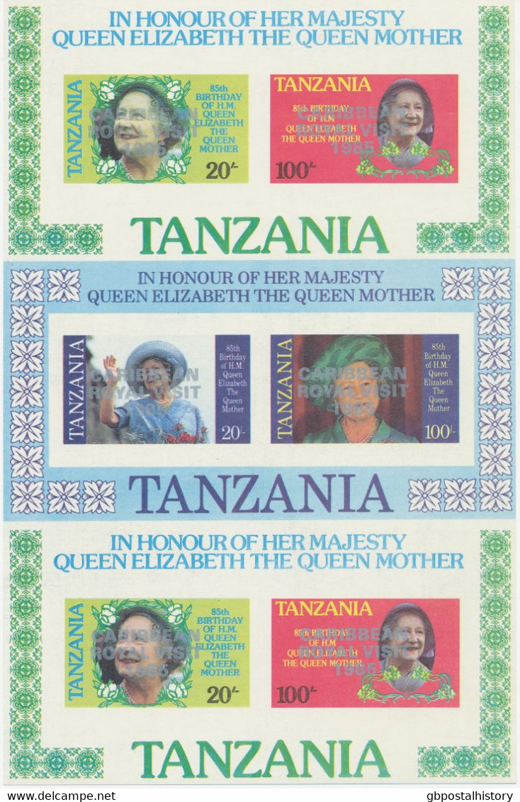 TANZANIA 1986, 10th Visit Of Queen Elizabeth II To The Caribbean (1985), MiNr. Block 42/3 With Silver Overprint "CARIBBE - Tanzania (1964-...)