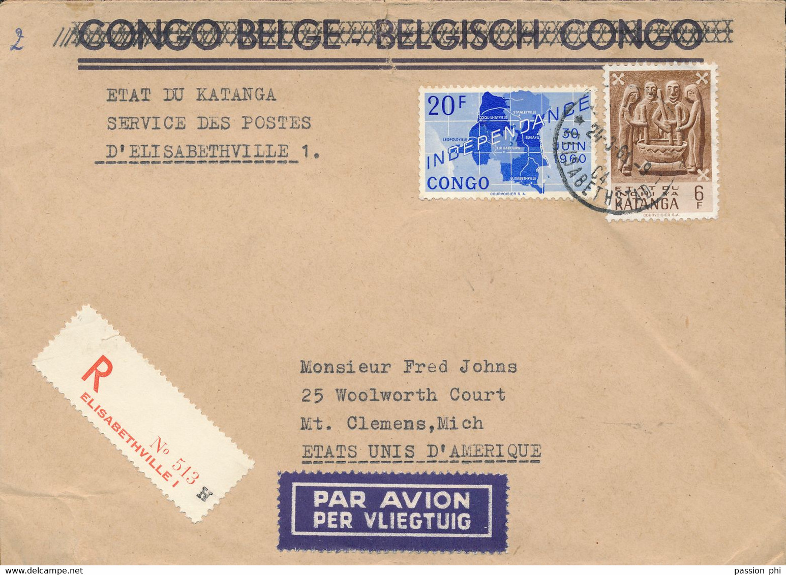 KATANGA REGISTERED COVER FROM E/VILLE C4 24.03.61 TO USA - Katanga