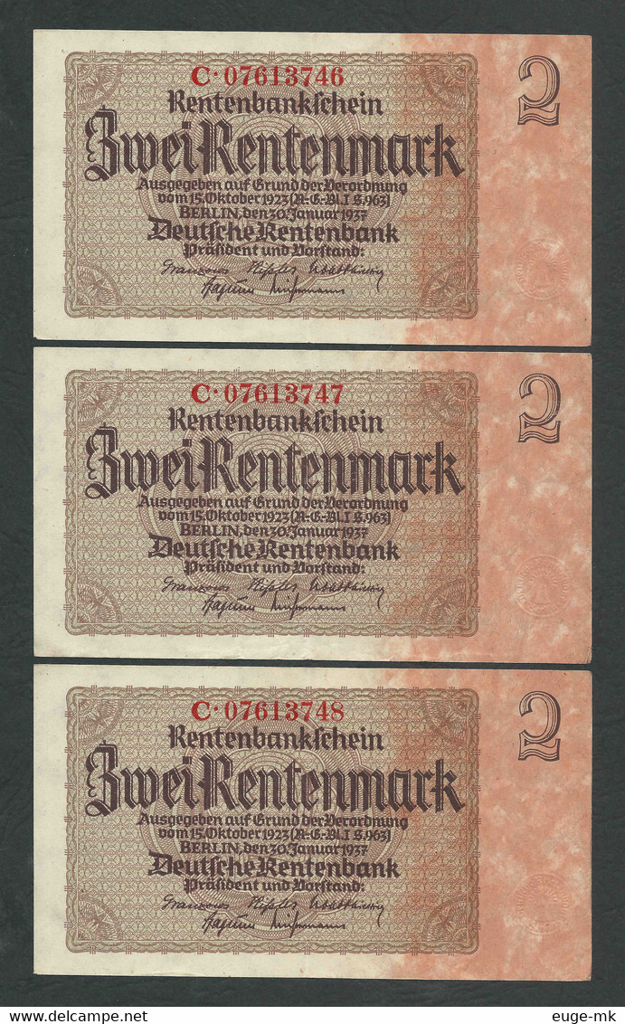 GERMANY 2 Mark, Marks A UNC /q FDS 3 Consecutive RENTENMARK 30-01-1937 Rare !!! - 2 Rentenmark