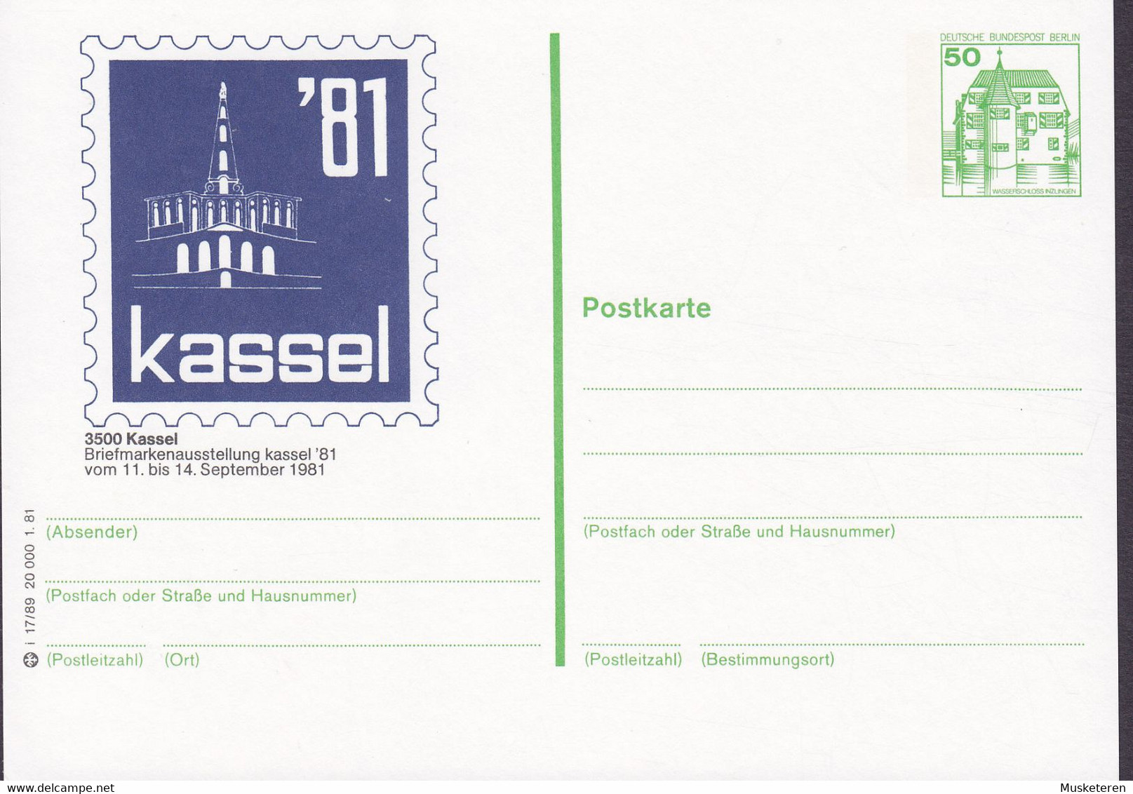 Berlin Postal Stationery Ganzsache 50 Pf. Wasserschloss Inzlingen PRIVATE Print Briefmarkenausstellung KASSEL '81 Unused - Cartes Postales Privées - Neuves