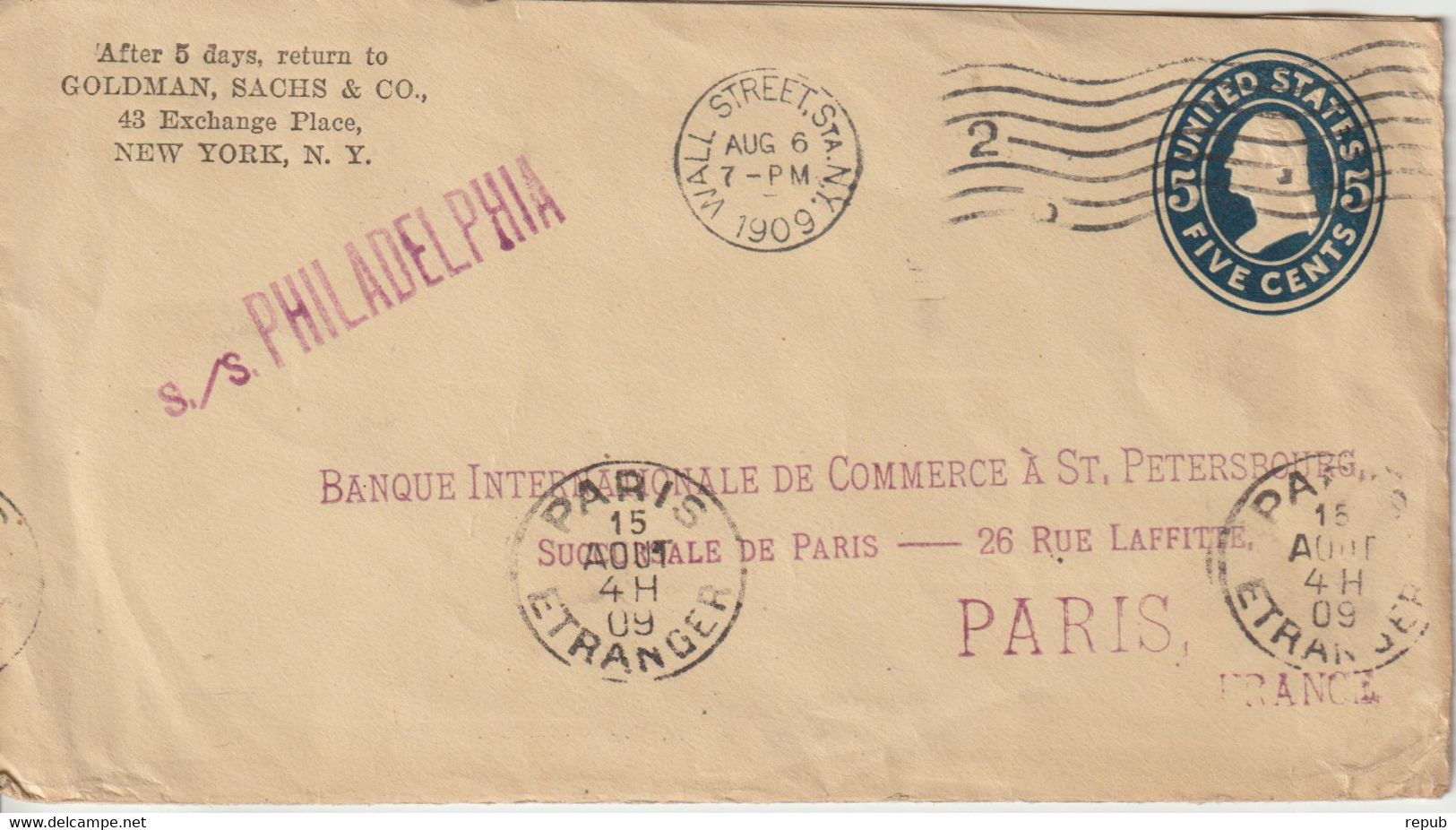 Entier 1909 Des Etats Unis Pour La France Par Bateau Philadelphia - 1901-20