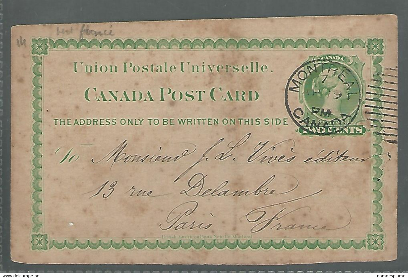 59533) Canada Postmark Duplex Montreal - 1860-1899 Reinado De Victoria