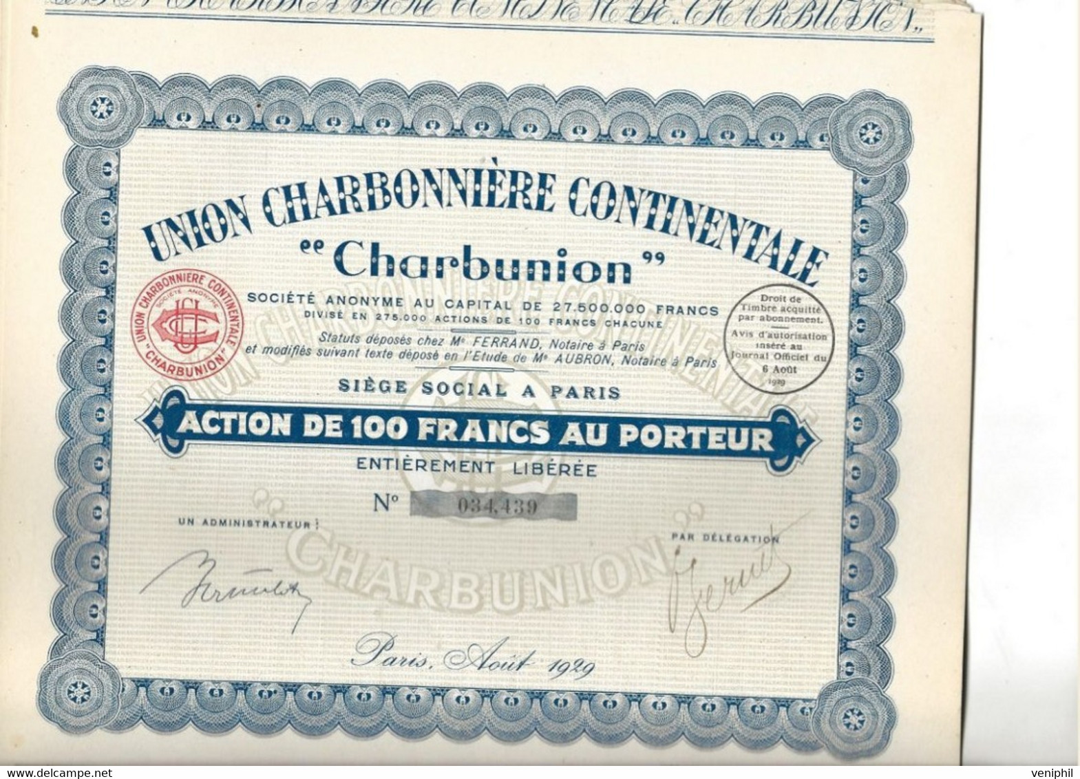 UNION CHARBONNIERE CONTINENTALE " CHARBUNION " - LOT DE 12 ACTIONS DE 100 FRS - ANNEE 1929 - Miniere