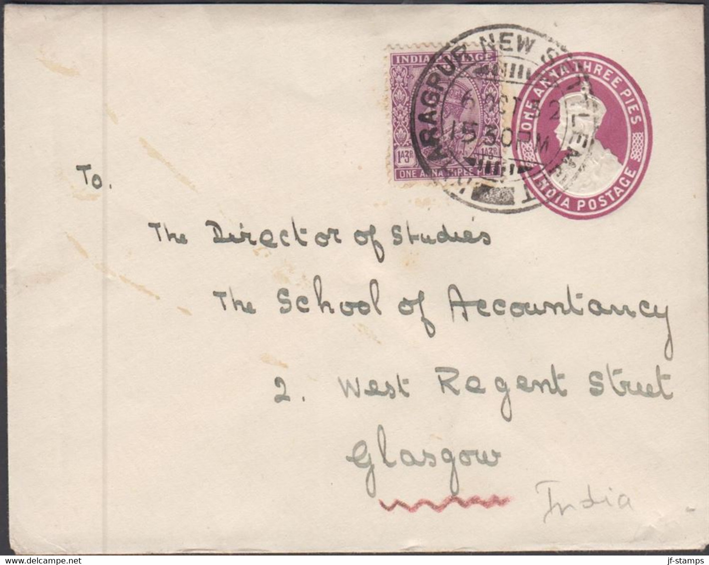 1932. INDIA. ONE ANNA THREE PIES Envelope With 1A3Ps George V To Glasgow Cancelled KHARAGPUR ... (Michel 131) - JF426640 - Other & Unclassified