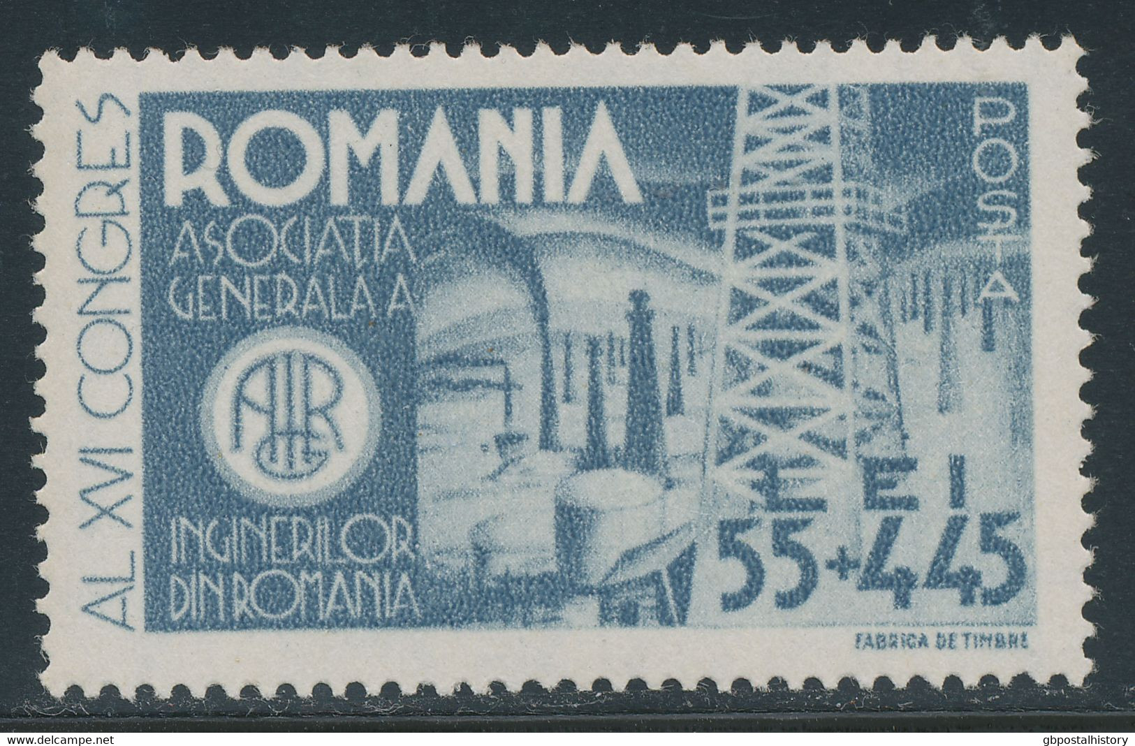 RUMÄNIEN 1945, Ingenieur-Kongress Bukarest 55 L. + 45 (L) Graublau, Postfr. Kab.-Stück, ABART: Fehlfarbe Preussisch Blau - Variétés Et Curiosités