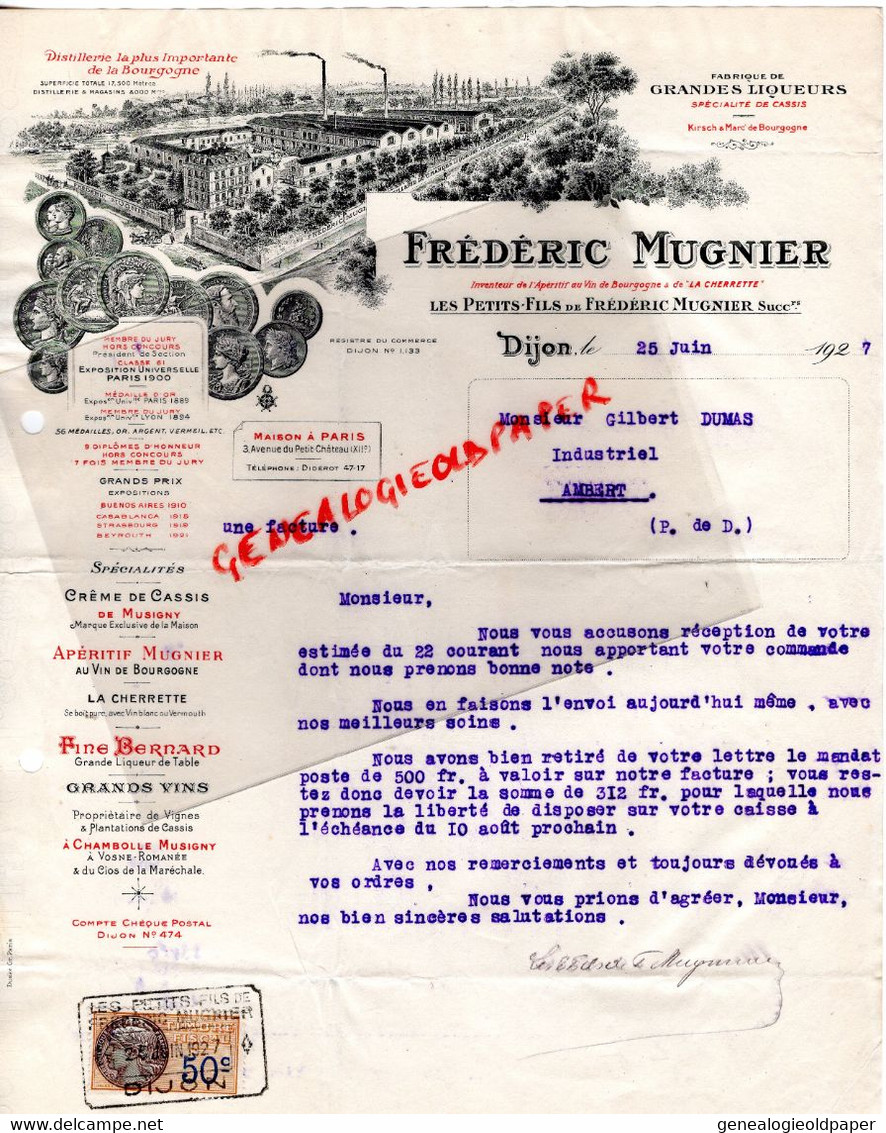 21- DIJON - BELLE FACTURE FREDERIC MUGNIER -LIQUEUR  LA CHERRETTE- CASSIS MUSIGNY-FINE BERNARD-GILBERT DUMAS AMBERT-1927 - Ambachten