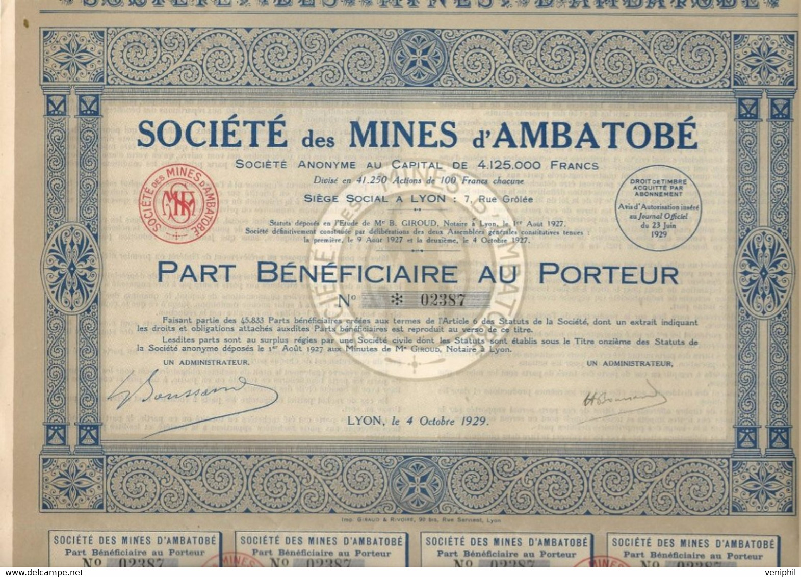 SOCIETE  DES MINES D'AMBATOBE - PART BENEFICIAIRE  - ANNEE 1929 - Mines