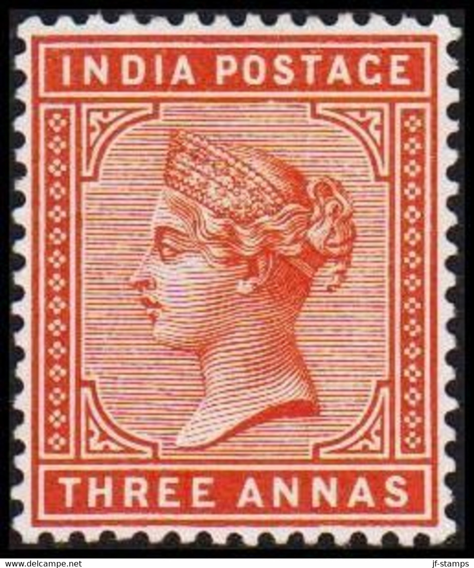 1882-1886. INDIA. Victoria. THREE ANNAS. Hinged. - JF521617 - 1858-79 Crown Colony