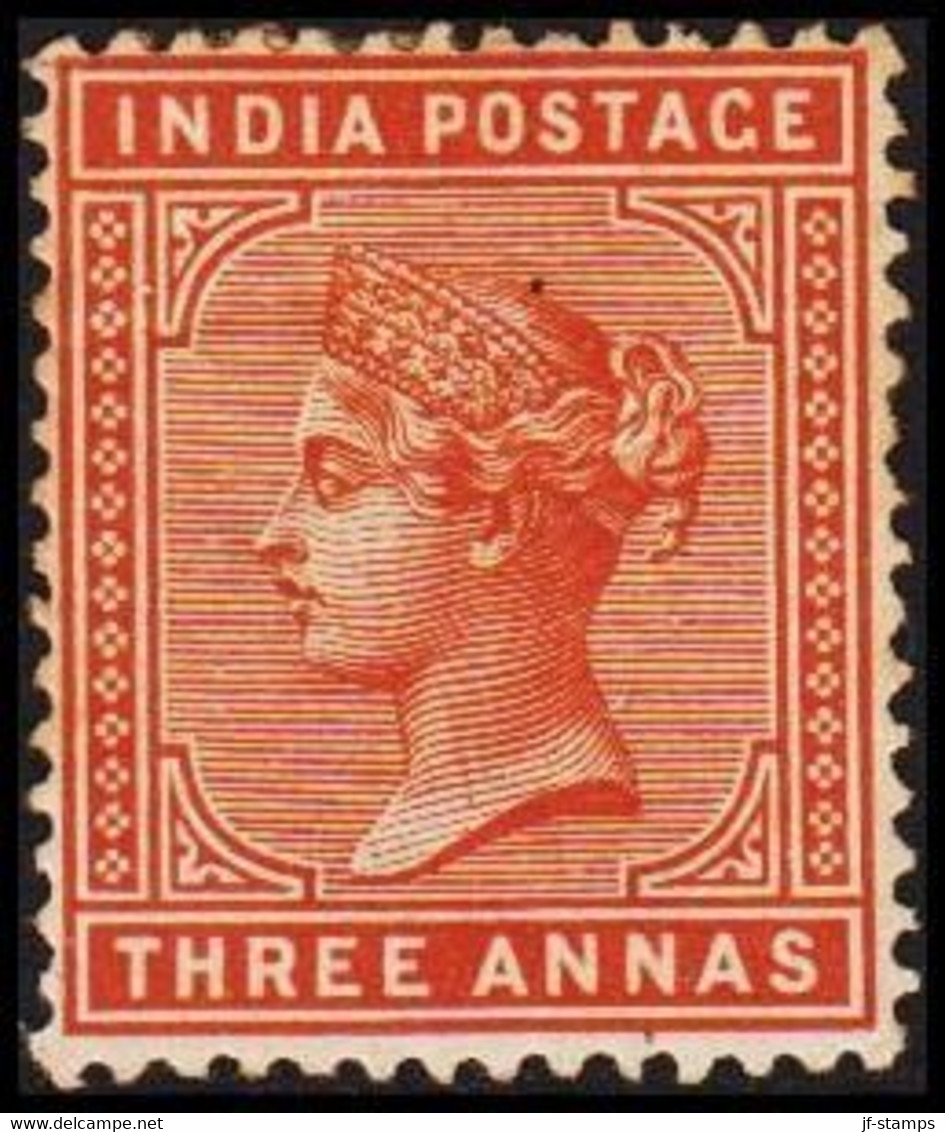 1882-1886. INDIA. Victoria. THREE ANNAS. Hinged. - JF521618 - 1858-79 Compagnie Des Indes & Gouvernement De La Reine