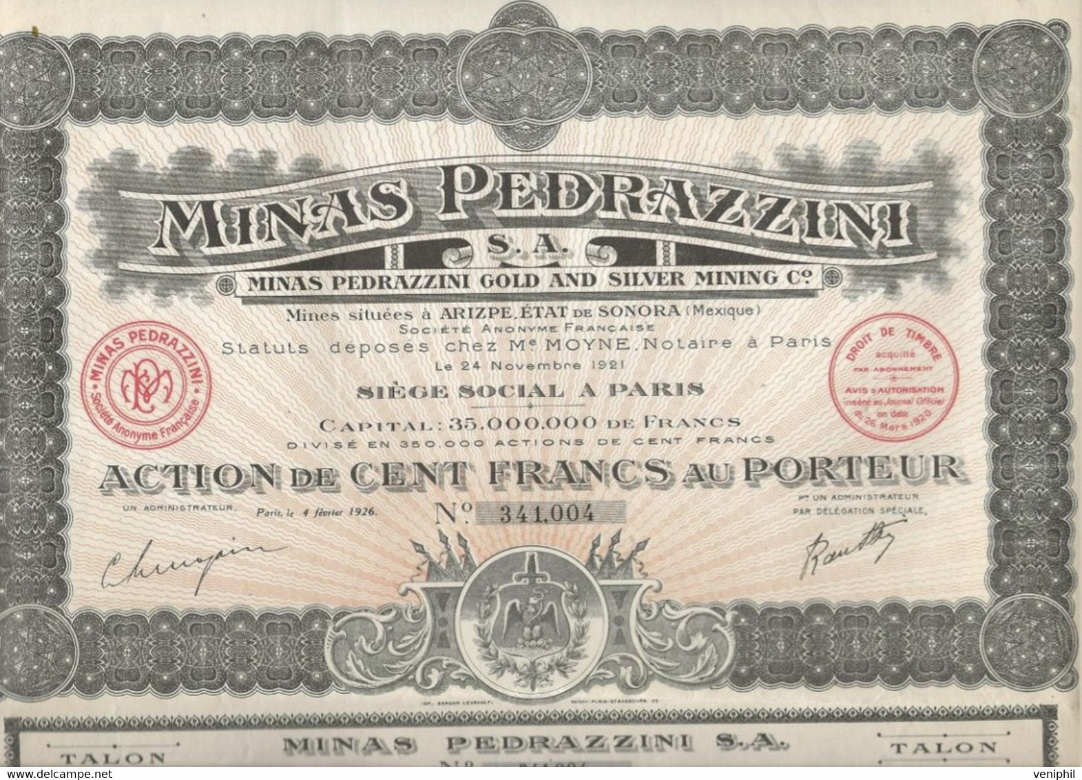 MINES PEDRAZZINI -LOT DE 2 ACTIONS DE CENT FRANCS  - ANNEE 1926 - Mijnen