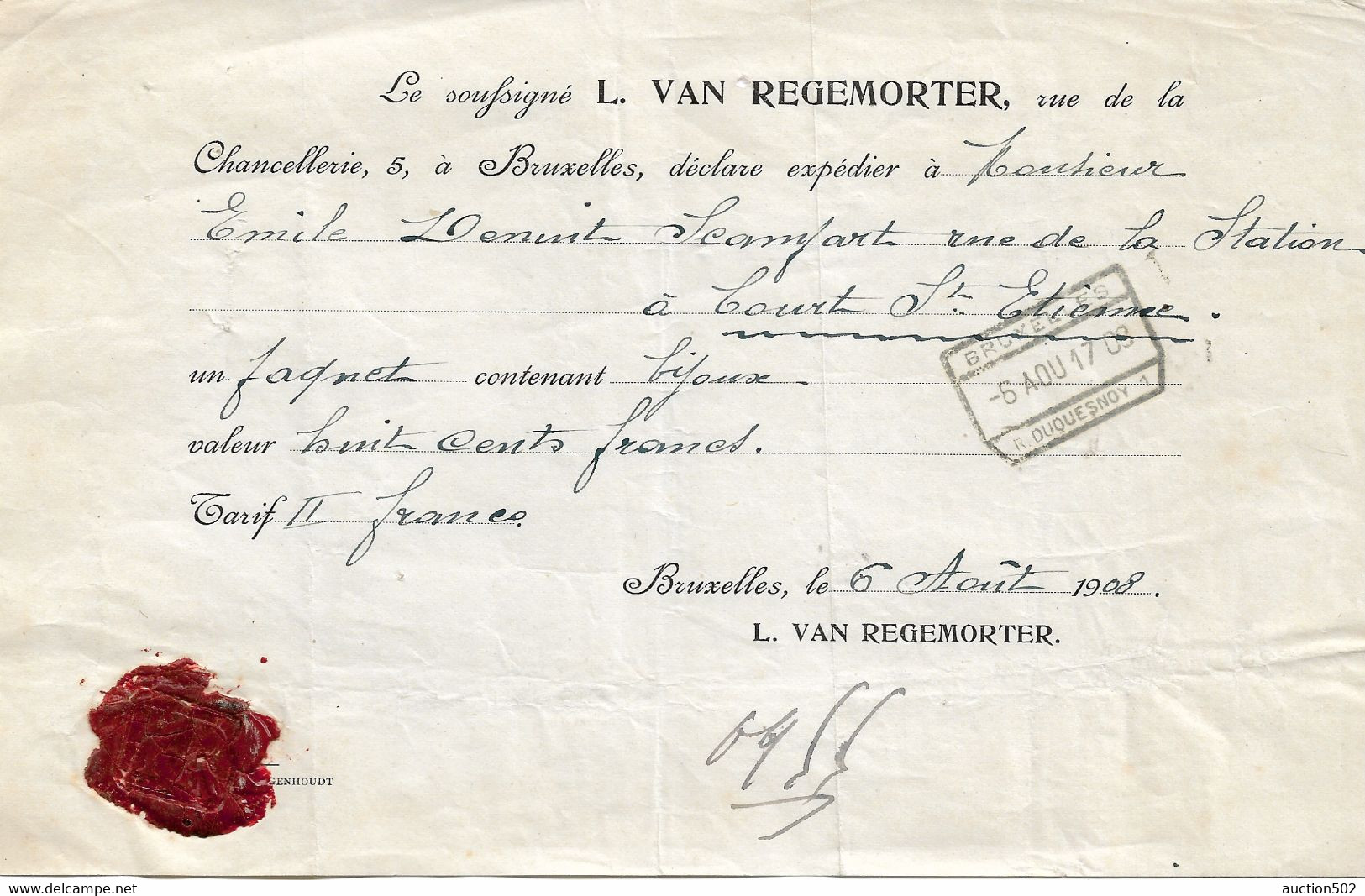 2562PR/Doc.Transport Van Regenmorter Bijoutier BXL 1908 1 Paquet Bijoux 800 Frs Obl.C.F.BXL Duquesnoy > Court St.Etienne - Trasporti